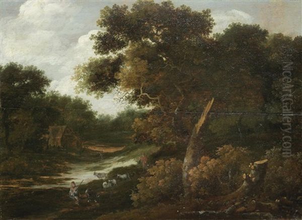 A Wooded Landscape With A Drover And His Herd Oil Painting by Jacob Van Ruisdael