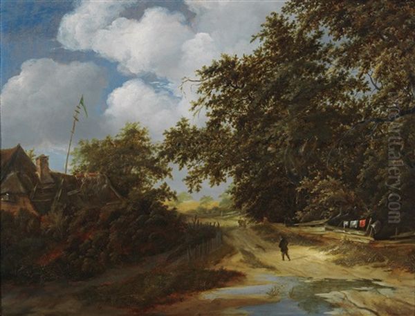 A Wooded Landscape With A Traveller And A Village Beyond Oil Painting by Jacob Van Ruisdael