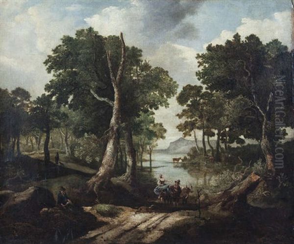 A Wooded Landscape With Figures By A Lake by Jacob Van Ruisdael