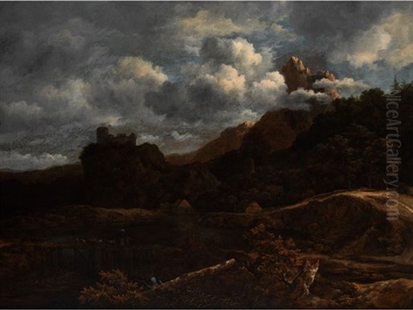 Flusslandschaft Mit Holzbrucke, Felsigen Hohenzugen Und Erhoht Stehender Burganlage Oil Painting by Jacob Van Ruisdael