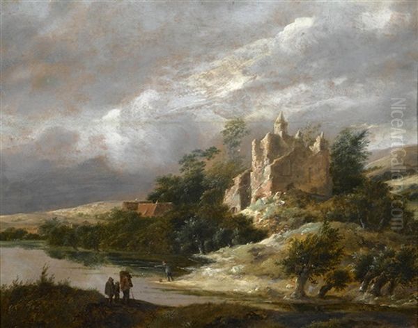 Figures Walking By A River With A Ruined Castle Beyond Oil Painting by Jacob Van Ruisdael