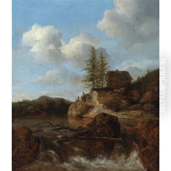 A Scandinavian Landscape, With Figures Overlooking A Torrent Oil Painting by Jacob Van Ruisdael