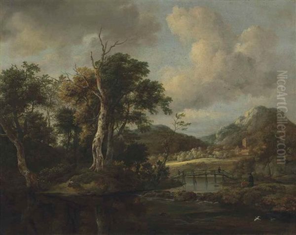 A Wooded River Landscape With Figures Crossing A Bridge Oil Painting by Jacob Van Ruisdael