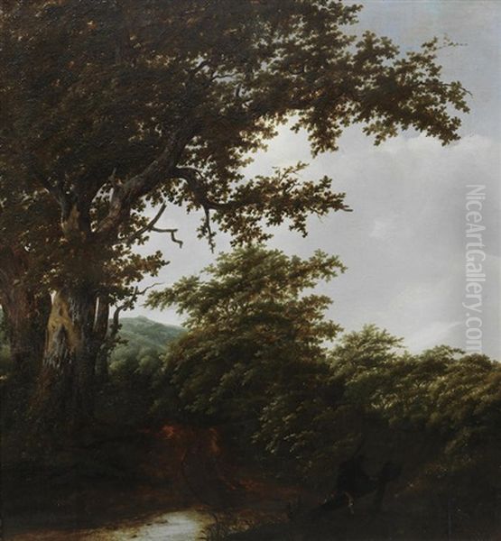 A Wooded River Landscape With A Traveller On The Path Oil Painting by Jacob Van Ruisdael