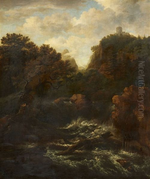 Mountainous Landscape With A Waterfall And A Castle Oil Painting by Jacob Van Ruisdael