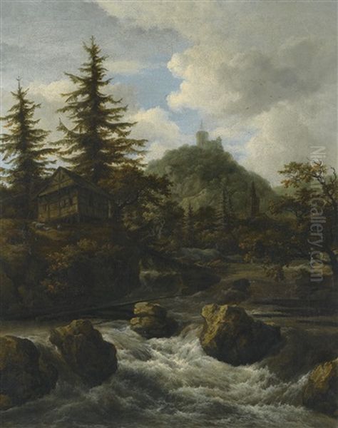 A Mountainous Landscape With A Fast-running River Passing A Cottage, A Castle On The Hill Beyond by Jacob Van Ruisdael