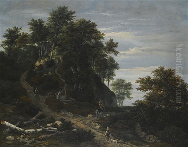 Hilly Wooded Landscape With A Falconer And A Horseman Oil Painting by Jacob Van Ruisdael