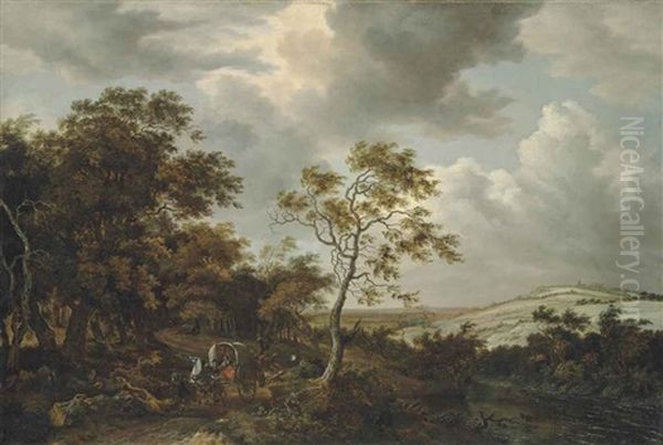 A Wooded River Landscape With Travellers In A Wagon Being Attacked By Bandits, A Village With A Church Beyond Oil Painting by Jacob Van Ruisdael