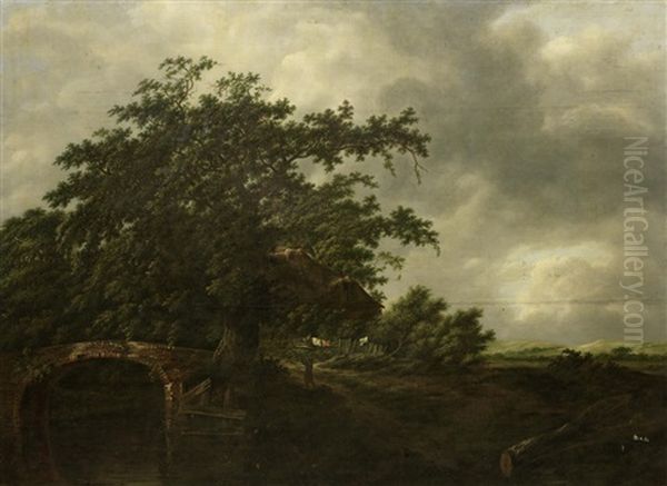 Landscape With A Brick Bridge Over A Canal With A Cottage Under Lofty Oaks Oil Painting by Jacob Van Ruisdael