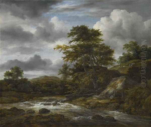 Low Waterfall In A Hilly Landscape With A Thatched Cottage Oil Painting by Jacob Van Ruisdael