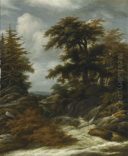 Wooded Landscape With Waterfall by Jacob Van Ruisdael