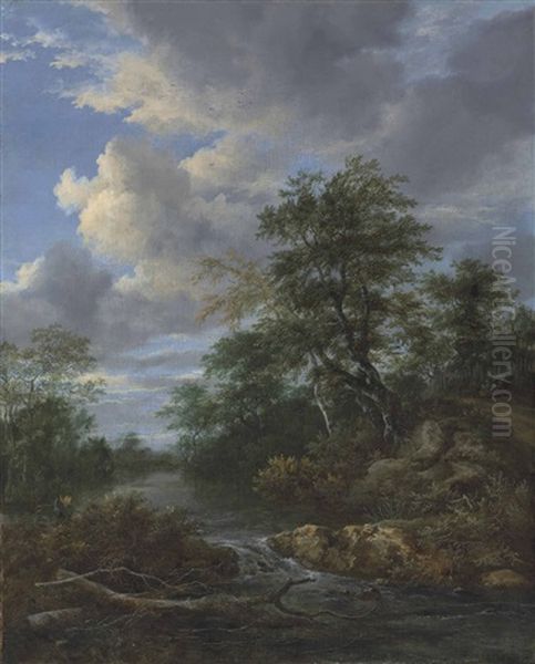 A Wooded River Landscape With A Family At Rest On A Track Oil Painting by Jacob Van Ruisdael