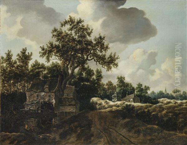 A Dune Landscape With Dwellings By The Side Of A Country Road Oil Painting by Jacob Van Ruisdael