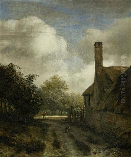 Dorfstrasse Mit Einem Reisenden Und Einem Hund Oil Painting by Jacob Van Ruisdael