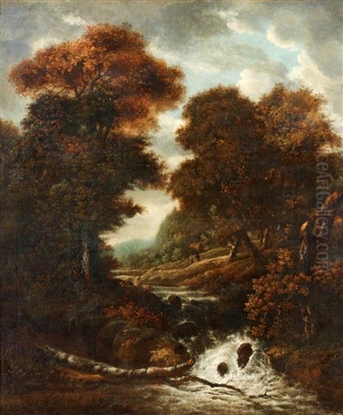 Landskap Med Vandrande Figurer Vid En Fors Oil Painting by Jacob Van Ruisdael