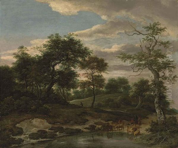 A Wooded Landscape With A Shepherd Watering His Flock Oil Painting by Jacob Van Ruisdael