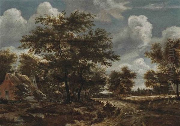 A Wooded Landscape With A Shepherd And His Flock On A Track Oil Painting by Jacob Van Ruisdael