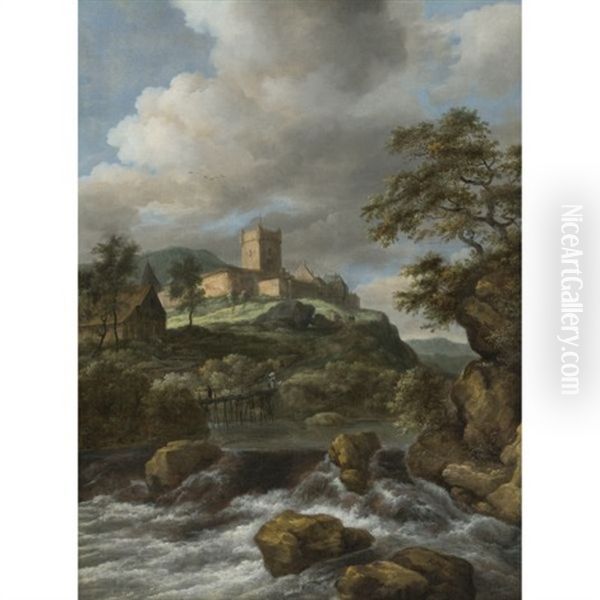 Waterfall With A Castle Beyond, Travellers On A Footbridge Nearby Oil Painting by Jacob Van Ruisdael