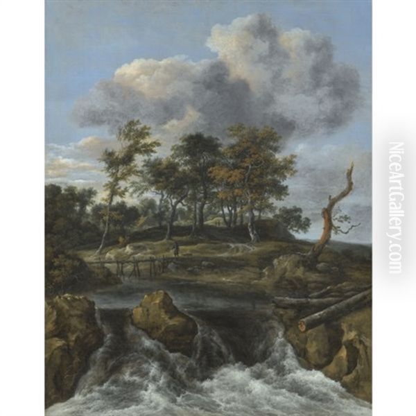 A River Landscape With A Man Crossing A Bridge Above A Waterfall, A Stand Of Oaks Beyond Oil Painting by Jacob Van Ruisdael