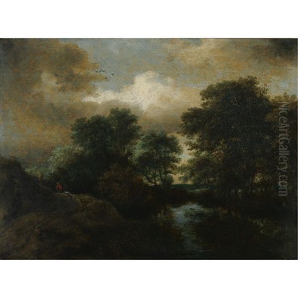 A Wooded Landscape With A Pool And A Peasant With His Dogs On A Rise Oil Painting by Jacob Van Ruisdael