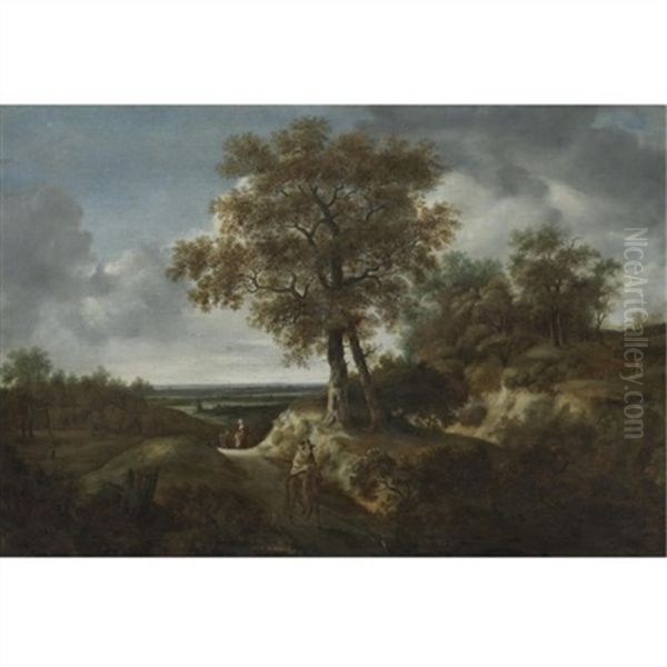 Landscape With Travelers And A Village In A Distance Oil Painting by Jacob Van Ruisdael