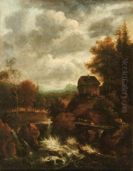 A Wooded River Landscape With A Waterfall And A Shepherd With His Flock Crossing A Bridge Oil Painting by Jacob Van Ruisdael