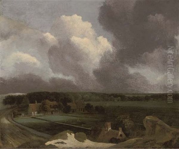 An Extensive Landscape With Farmhouses And Figures In A Bleaching Ground Oil Painting by Jacob Van Ruisdael