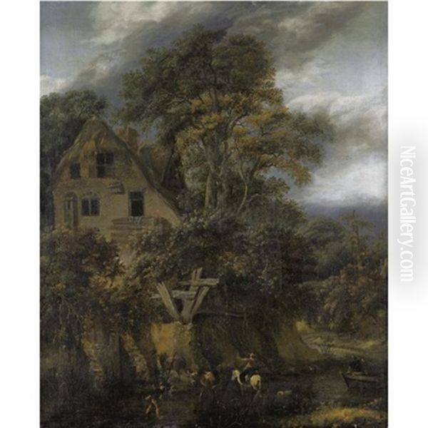 Landscape With Drovers Watering Their Animals Beside River Before A Cottage by Jacob Van Ruisdael