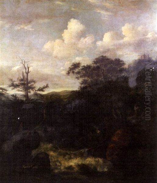 A Wooded Lanscape With A Stream And With Castle Bentheim In The Background by Jacob Van Ruisdael