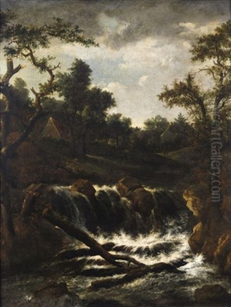 A Wooded Landscape With A Cascade, A Cottage Beyond Oil Painting by Jacob Van Ruisdael