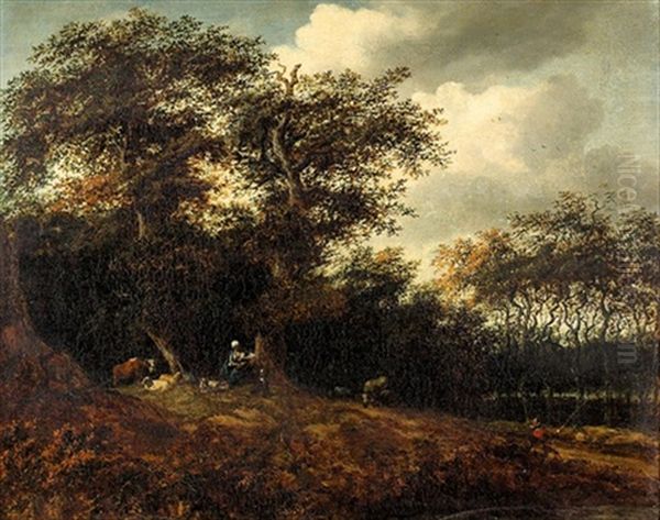 Hirtenpartie Am Waldrand Oil Painting by Jacob Van Ruisdael