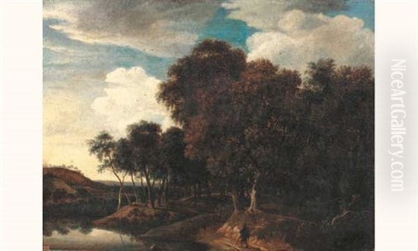 Promeneur Sur Un Chemin Bordant Une Riviere Et Une Foret Oil Painting by Jacob Van Ruisdael