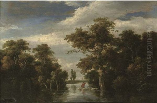 A Wooded Landscape With A Shepherd And His Flock Crossing A River Oil Painting by Jacob Van Ruisdael