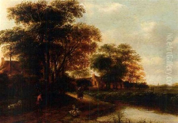 Villagers On A Road By A River Oil Painting by Jacob Van Ruisdael