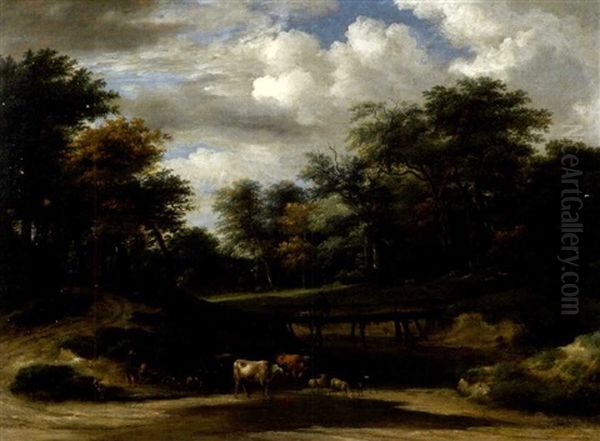 Waldweg Mit Vieh Und Hirten An Einem Teich Oil Painting by Jacob Van Ruisdael