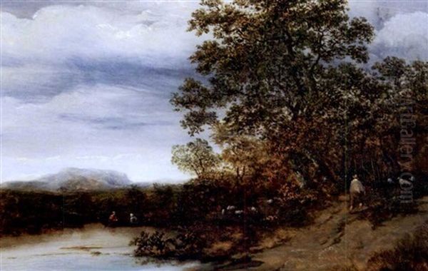 Boater On Pond With Traveler And Livestock Oil Painting by Jacob Van Ruisdael