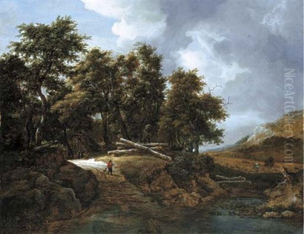 A Wooded Landscape With Figures Near A Stream Oil Painting by Jacob Van Ruisdael