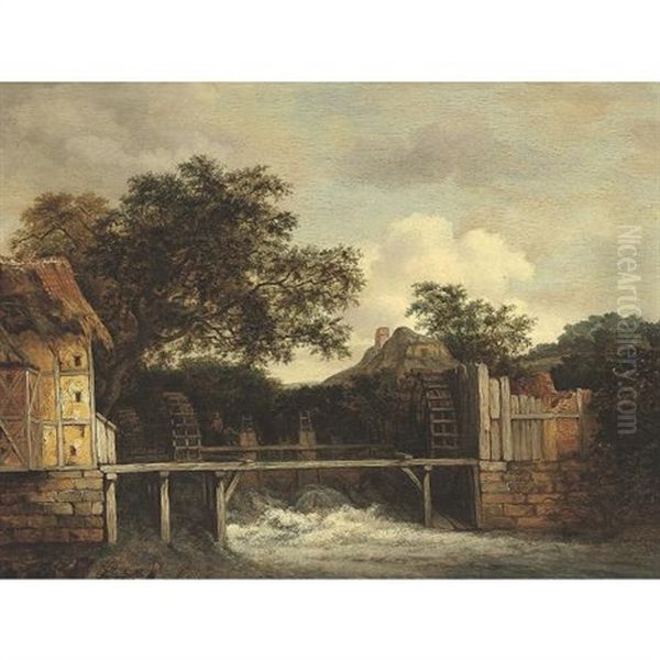 Two Water Mills And An Open Sluice Oil Painting by Jacob Van Ruisdael