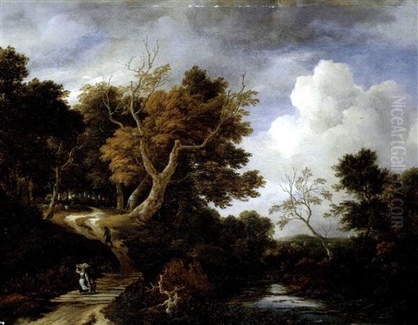 A Wooded River Landscape With Peasants On A Bridge, A Shepherd And His Flock Amongst Trees Beyond Oil Painting by Jacob Van Ruisdael