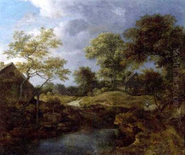 A Wooded River Landscape With Travellers On A Track By A Hamlet Oil Painting by Jacob Van Ruisdael