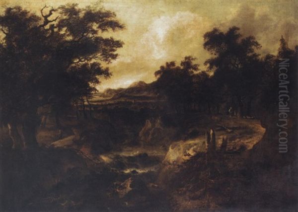 A Wooded River Landscape With Figures On A Path By A Cascade Oil Painting by Jacob Van Ruisdael