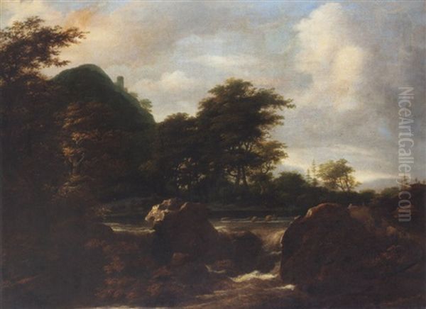 Woodland Landscape With Drovers And Their Animals Beside A Cascade Oil Painting by Jacob Van Ruisdael