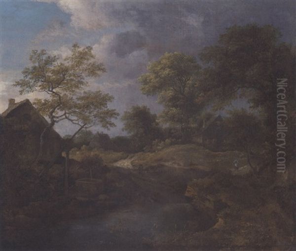 A Wooded River Landscape With Travellers On A Track By A Hamlet Oil Painting by Jacob Van Ruisdael