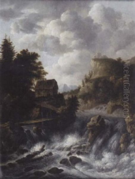 A Scandanavian River Landscape With Figures Crossing A Bridge Over A Waterfall, A Cottage Beyond Oil Painting by Jacob Van Ruisdael