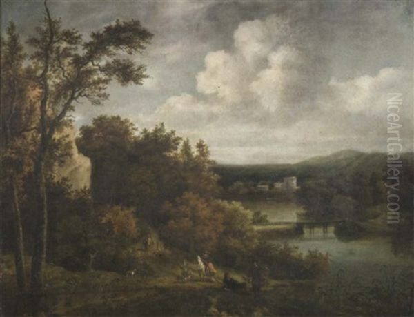 Idealisierende Fluslandschaft Mit Jagern Und Einem Vogelfanger Oil Painting by Jacob Van Ruisdael