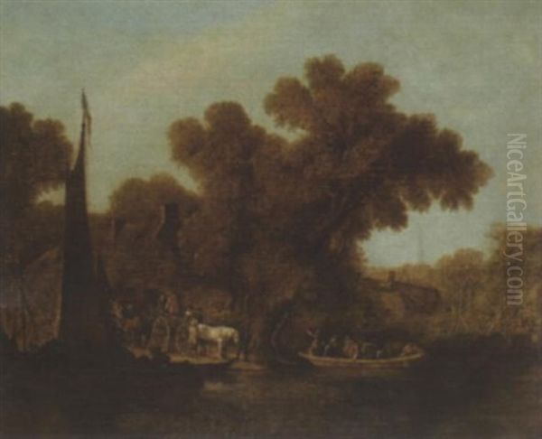 River Landscape With A Ferry In The Foreground by Jacob Van Ruisdael