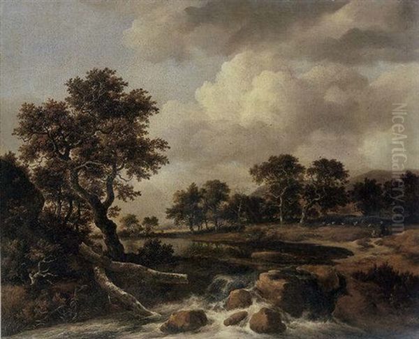 A Wooded River Landscape With A Shepherd, His Family And Flock Oil Painting by Jacob Van Ruisdael