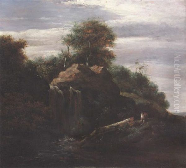 Wooded Landscape On A Rocky Hill With A Waterfall Oil Painting by Jacob Van Ruisdael