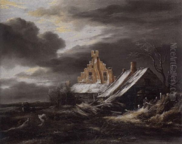 Bauernhaus In Winterlandschaft Mit Bewolktem Himmel Oil Painting by Jacob Van Ruisdael