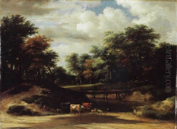 Waldweg Mit Vieh Und Hirten An Einem Teich Oil Painting by Jacob Van Ruisdael